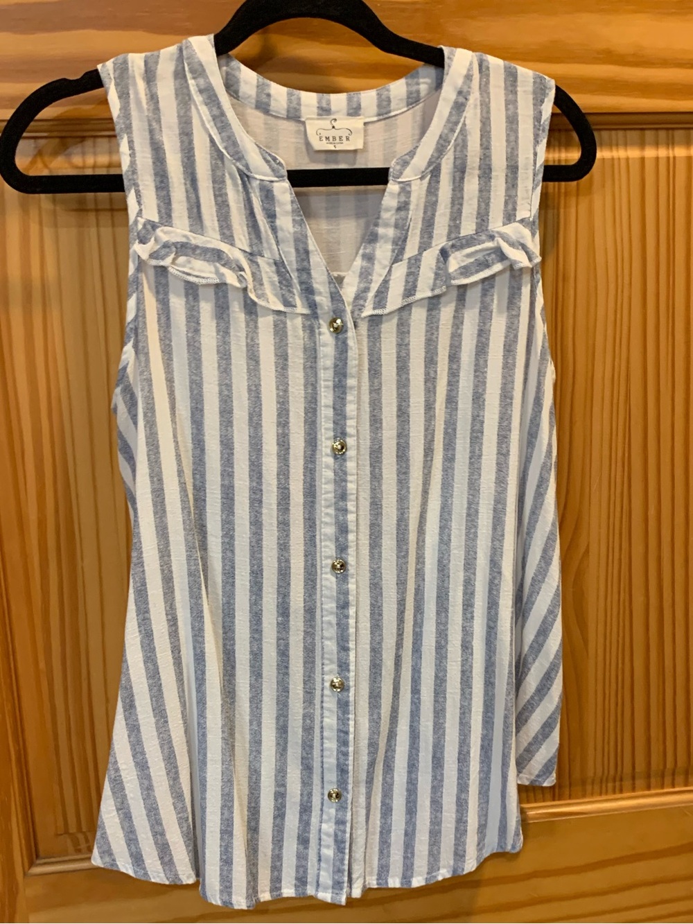 Sleeveless Blue & White Stripe Button-Front Top